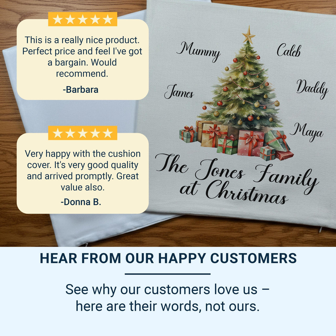 Family Christmas Cushion Cover - Personalised Christmas Pillow with Xmas Tree Design - Unique Christmas Home Decor Gift