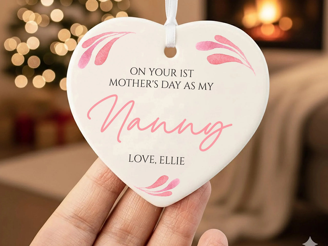 Nanny First Mother's Day Ornament – Heart Shaped Keepsake with Custom Name & Floral Decor