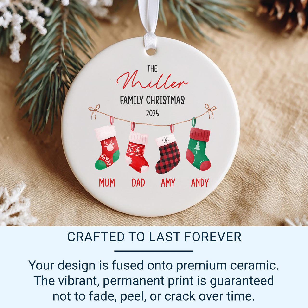 Personalised Family Christmas Ornament, Christmas Stockings Bauble, Custom Xmas Home Round Ceramic Decoration, Best Gift for Grandparents UK