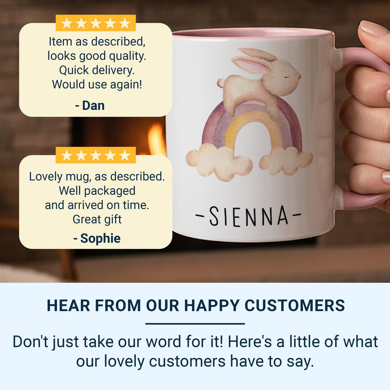 Personalised Baby Name Mug – Rainbow Bunny with Script Name – New Mum Nursery Keepsake, Baby Shower and Christening Gift
