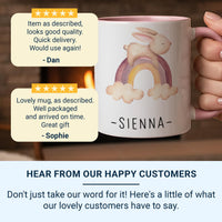 Personalised Baby Name Mug – Rainbow Bunny with Script Name – New Mum Nursery Keepsake, Baby Shower and Christening Gift