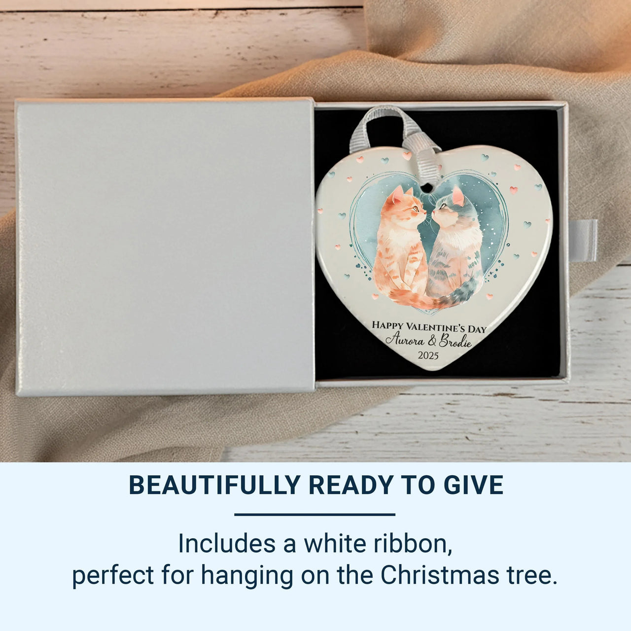 Valentine Cats Heart Ornament - Romantic Keepsake with Names for Cat Loving Couples