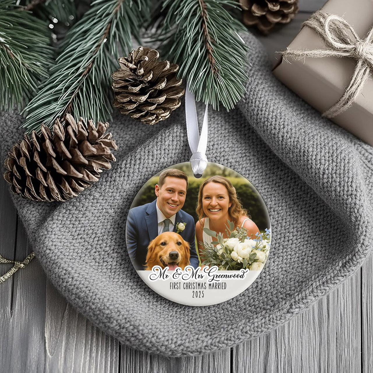 First Christmas Married Photo Ornament - Mr and Mrs Ceramic Bauble - Perfect 1st Xmas Couple Present - Unique Christmas Gift for Newlyweds