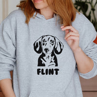 Dachshund Iron-On Transfer - Personalised Pet Name Design shown on a hoodie