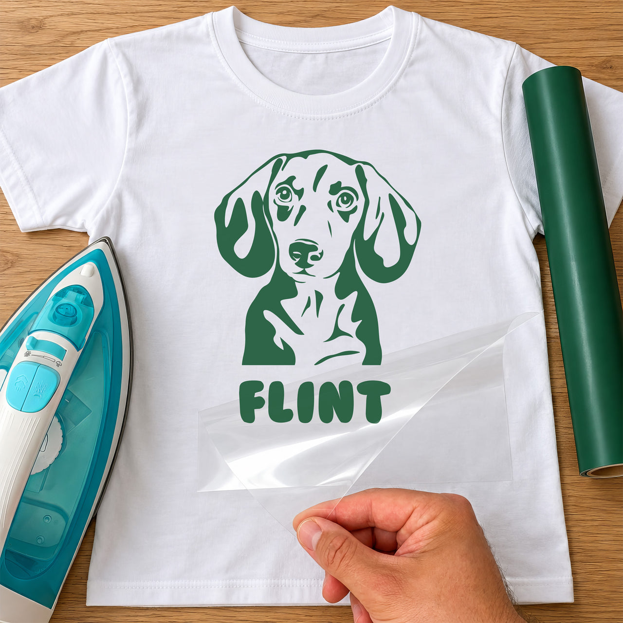 White T-shirt with green dachshund portrait and name 'FLINT', personalised pet iron-on transfer, iron and green vinyl roll