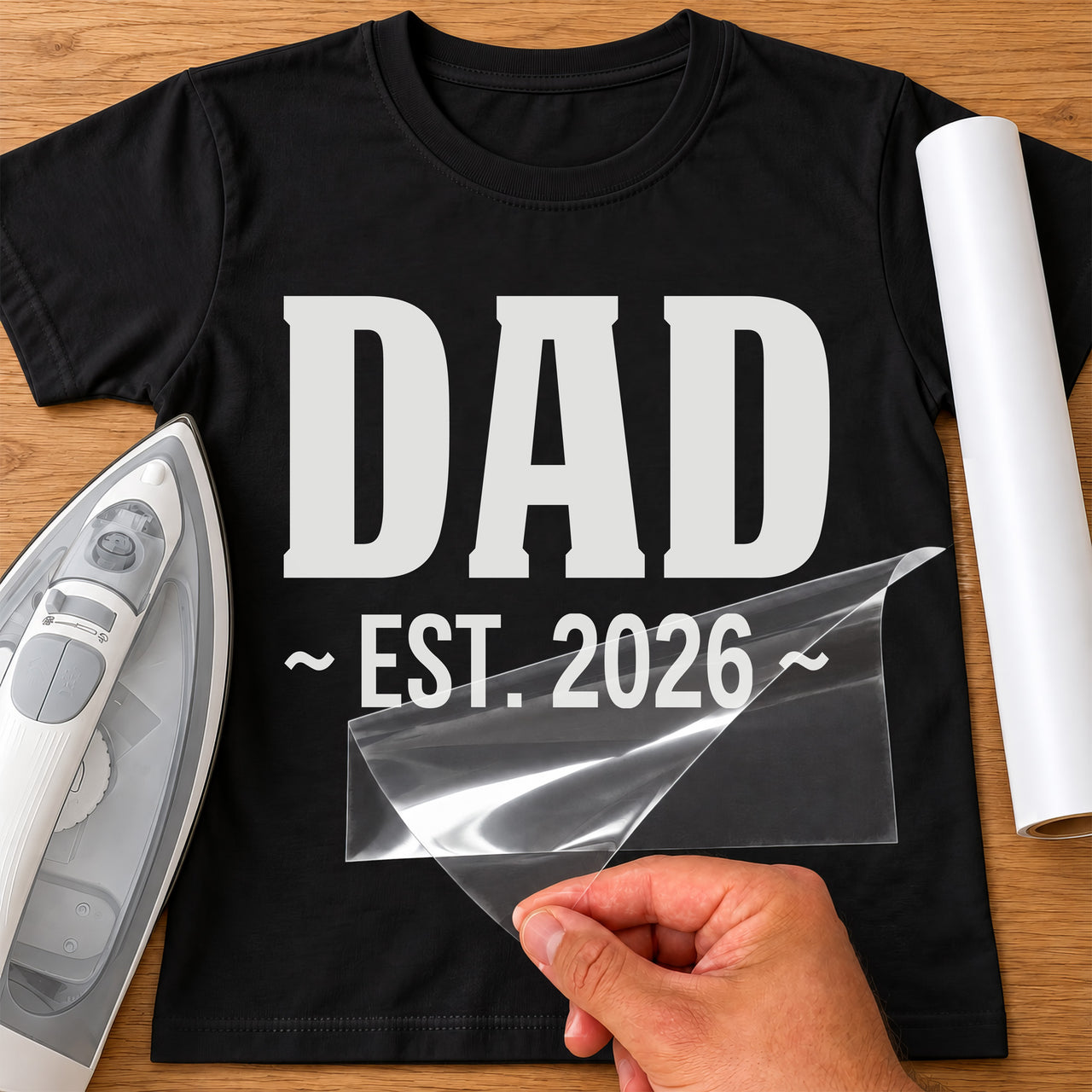 Black T-shirt with white 'DAD' and 'EST. 2026' iron-on transfer in bold block letters, iron and white vinyl roll