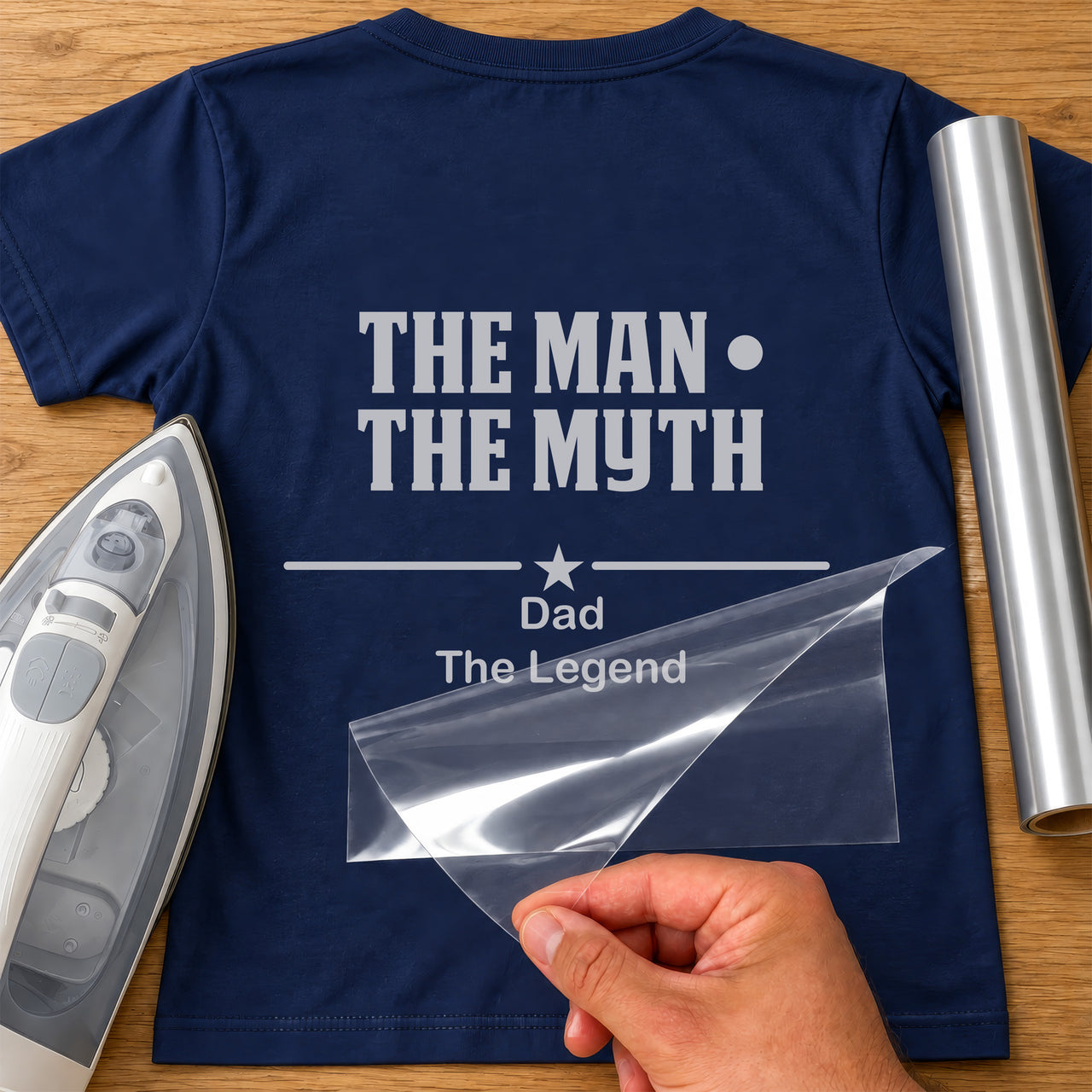 Dad legend iron-on transfer: silver THE MAN THE MYTH Dad The Legend with a star on a navy T-shirt, film being peeled
