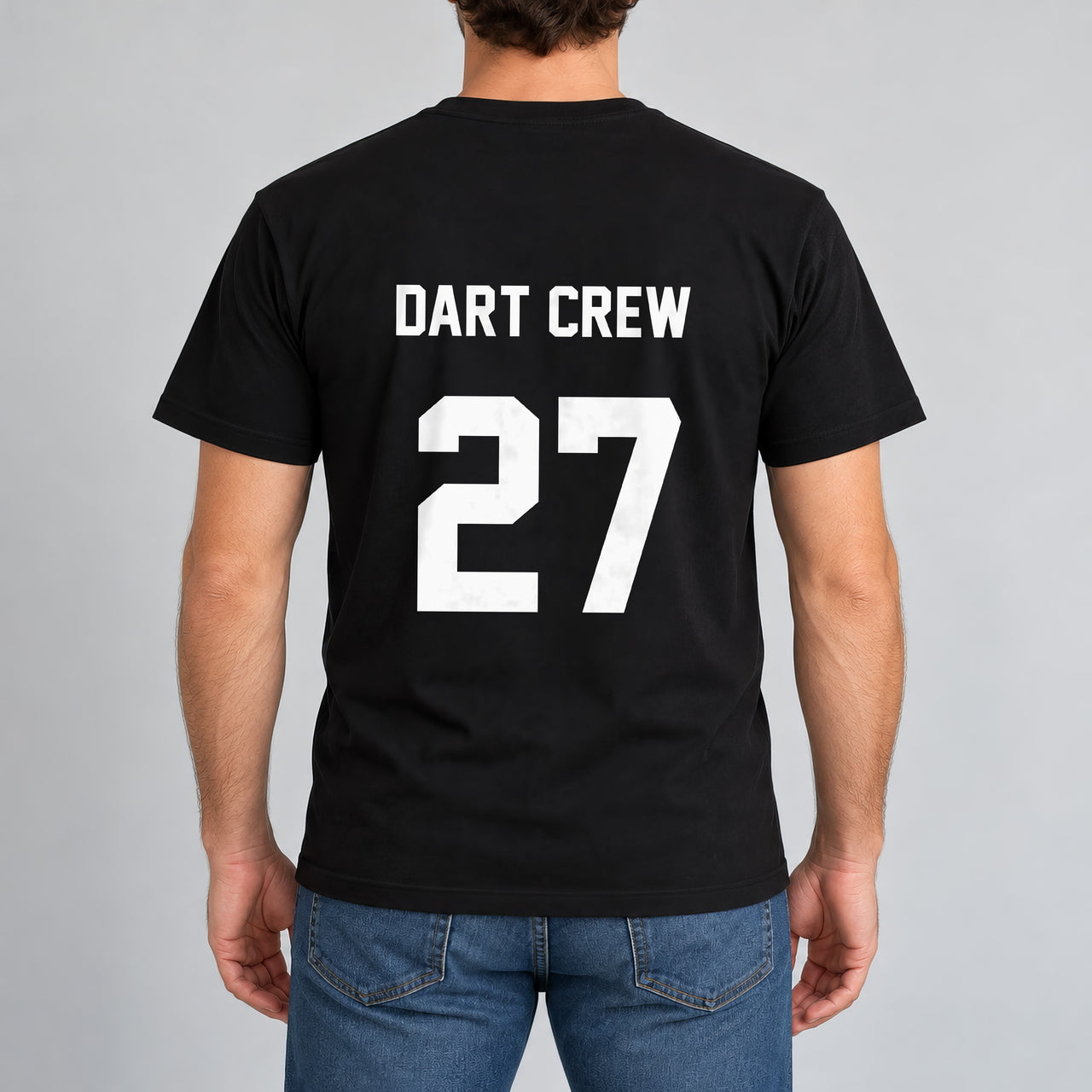 Black T-shirt with the Darts Team Name and Number design printed on the back