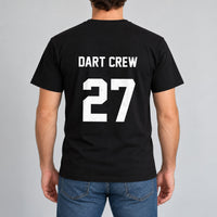 Black T-shirt with the Darts Team Name and Number design printed on the back