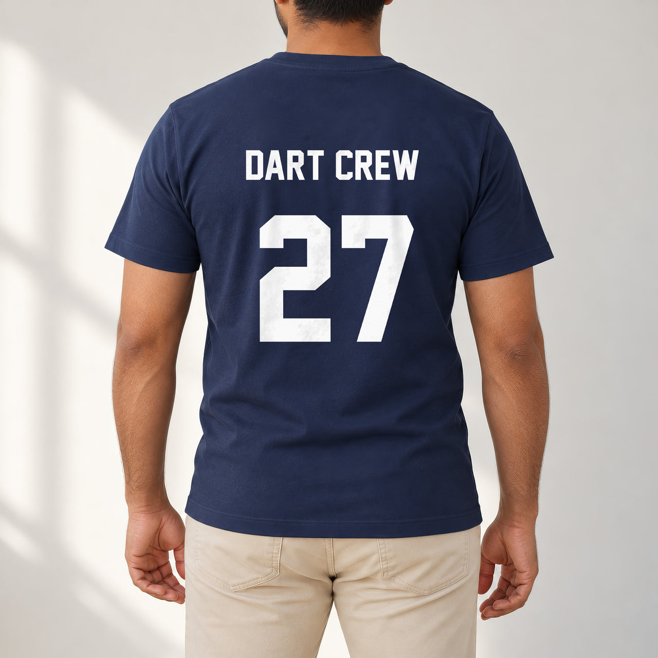 Navy T-shirt with the Darts Team Name and Number design printed on the back