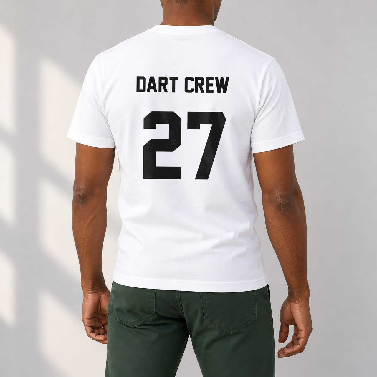 White T-shirt with the Darts Team Name and Number design printed on the back