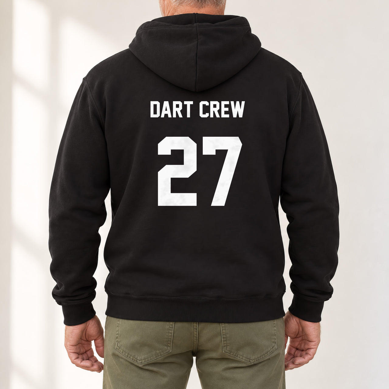 Black hoodie with the Darts Team Name and Number design printed on the back