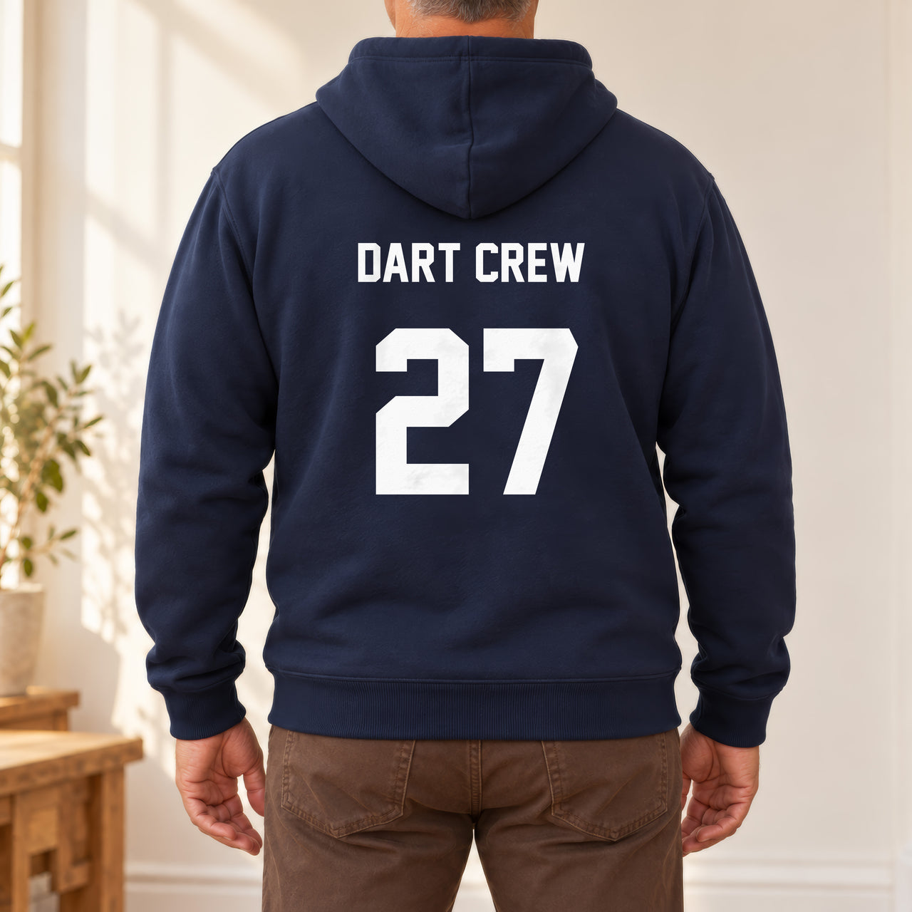 Navy hoodie with the Darts Team Name and Number design printed on the back