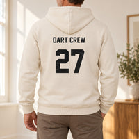 Sand hoodie with the Darts Team Name and Number design printed on the back