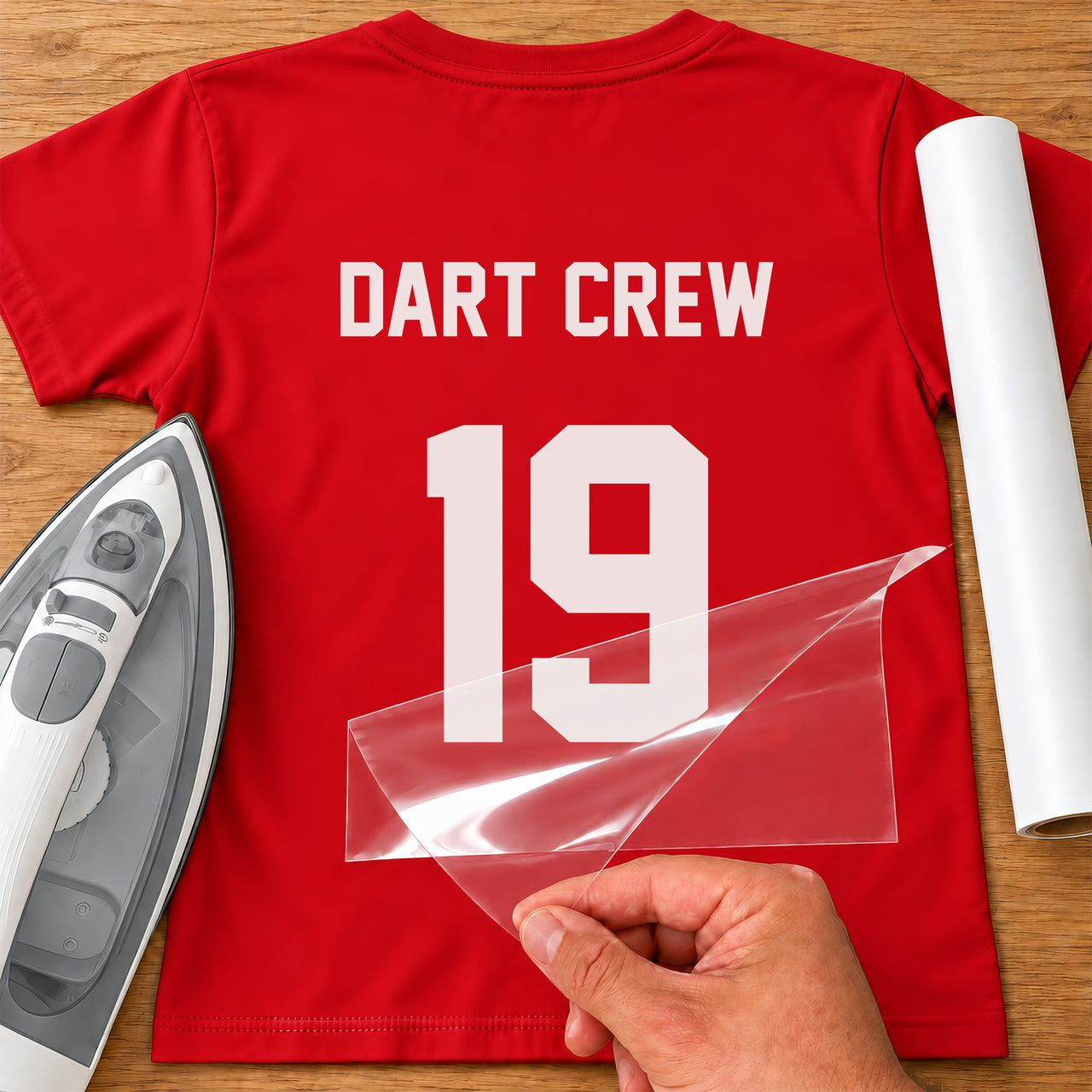Darts Team Name & Number iron-on transfer: white DART CREW 19 on a red T-shirt, film being peeled