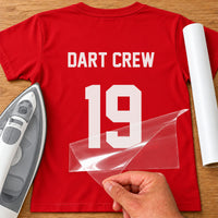 Darts Team Name & Number iron-on transfer: white DART CREW 19 on a red T-shirt, film being peeled