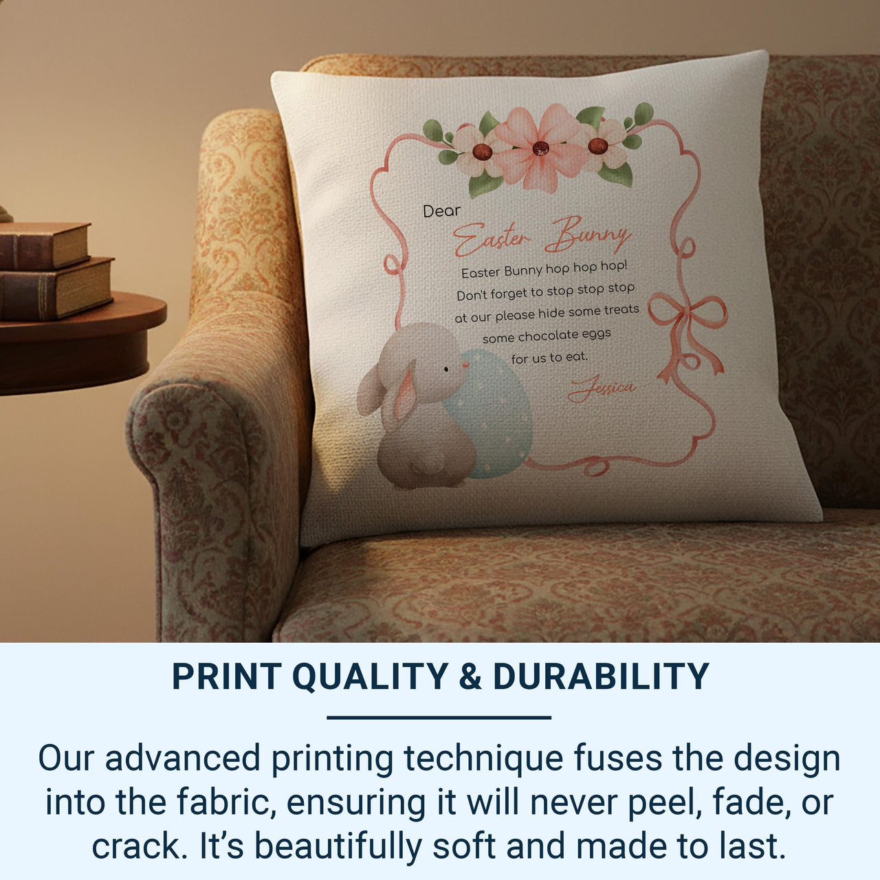 Personalised Easter Bunny Letter Cushion with Flowers - Cute Spring Poem Keepsake for Kids
