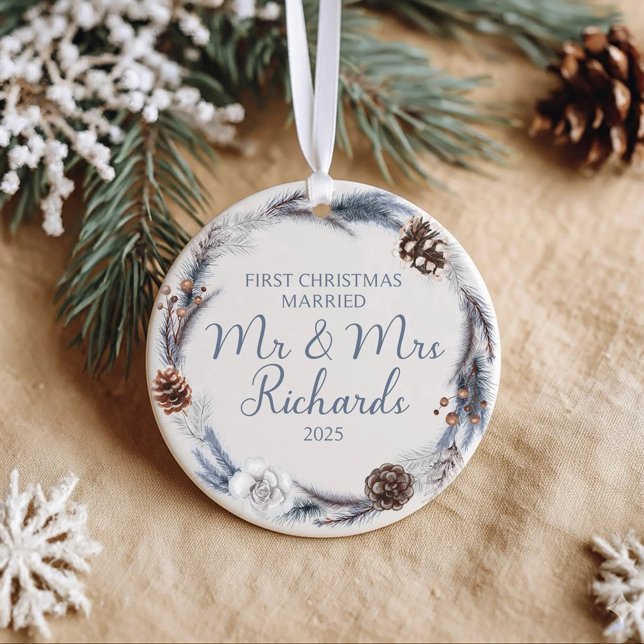 First Christmas Married Personalised Ornament | Just Married Keepsake | Custom Mr and Mrs Bauble | Round Christmas Decoration | Couple Gift