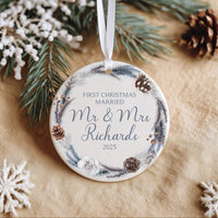 First Christmas Married Personalised Ornament | Just Married Keepsake | Custom Mr and Mrs Bauble | Round Christmas Decoration | Couple Gift