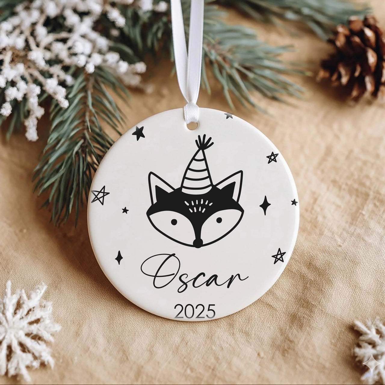 Fox Party Ornament - Playful Kids Keepsake with Stars & Name for Christmas Tree