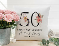 50th Anniversary Cushion – Personalised Anniversary Pillow With Golden Floral Design