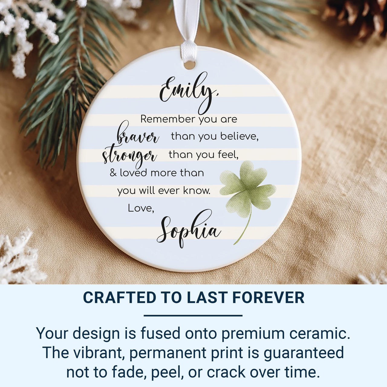 Motivational Ornament - Clover Keepsake with Quote for Encouragement & Friendship
