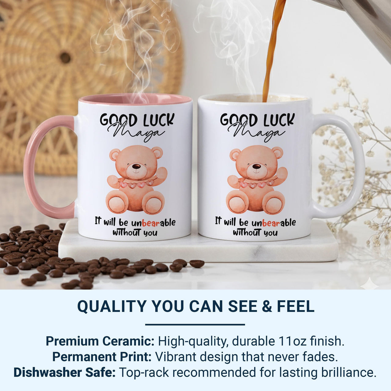 Good Luck – “Unbearable Without You” Personalised Mug – Cute Teddy and Name – Colleague Leaving, New Job and Farewell Keepsake