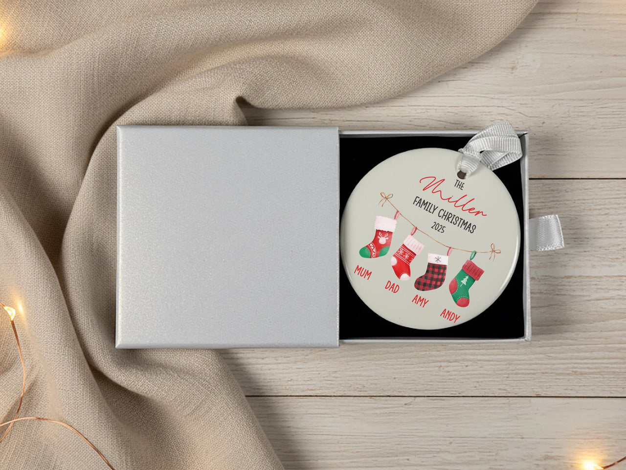 Personalised Family Christmas Ornament, Christmas Stockings Bauble, Custom Xmas Home Round Ceramic Decoration, Best Gift for Grandparents UK
