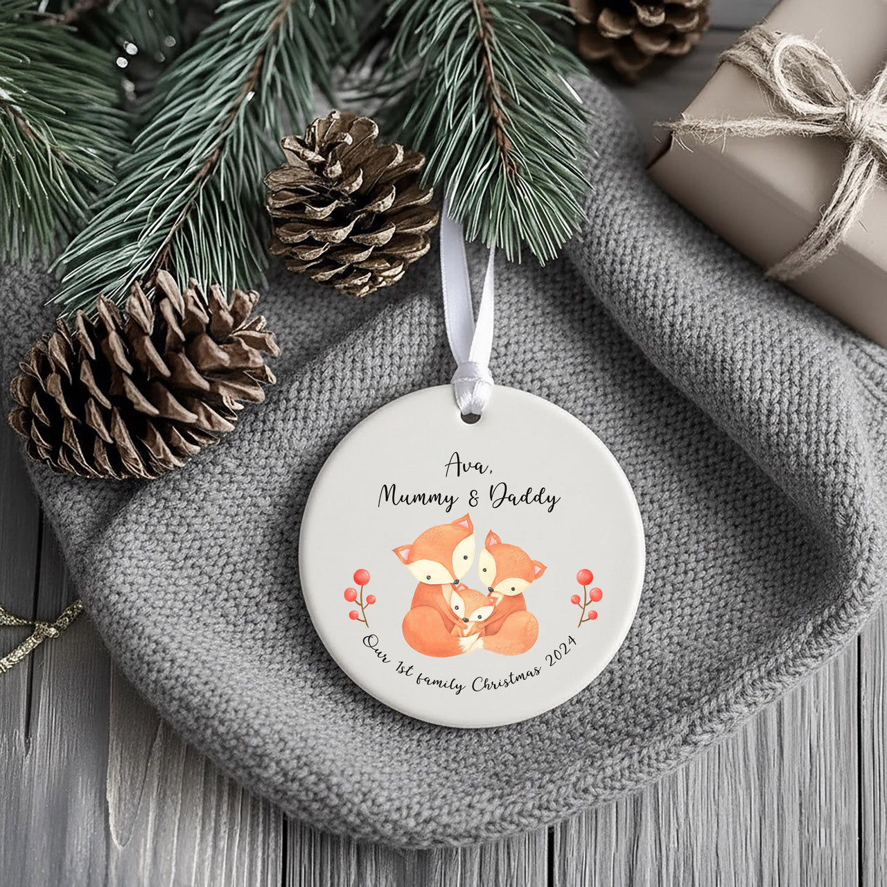 Personalised 1st Family Christmas Ornament - Adorable Trio Foxes Design - Xmas Keepsake - Christmas Eve Box Filler - Holiday Gift for Family