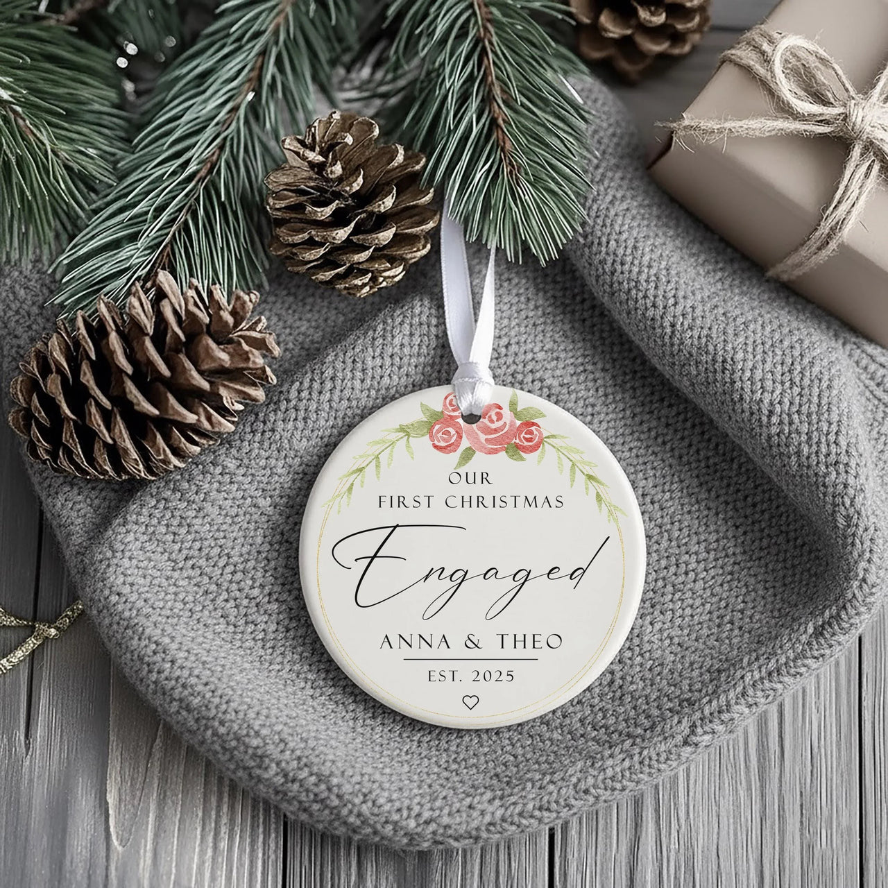First Christmas Engaged Ornament - Floral Keepsake with Names & Date for Couples