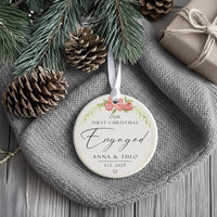 First Christmas Engaged Ornament - Floral Keepsake with Names & Date for Couples