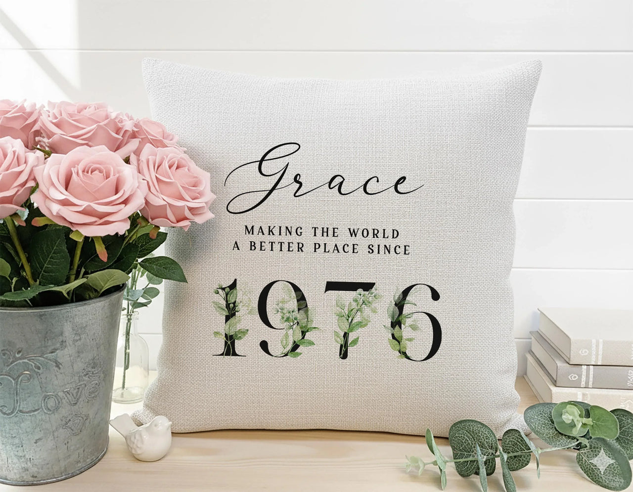 Personalised Birthday Cushion – Floral Design Cushion | Custom Name & Year 1976 Gift