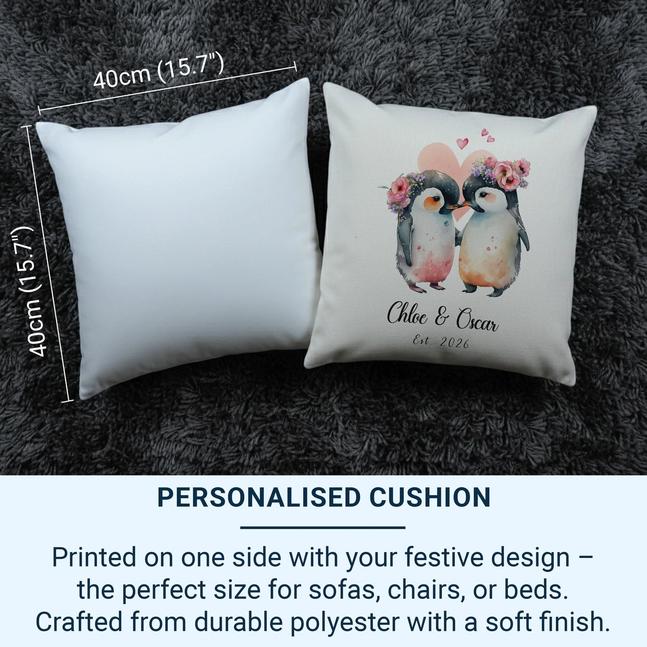 Personalised Penguin Cushion – Romantic Keepsake With Floral Crown Design & Custom Name Pillow