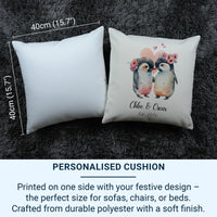 Personalised Penguin Cushion – Romantic Keepsake With Floral Crown Design & Custom Name Pillow