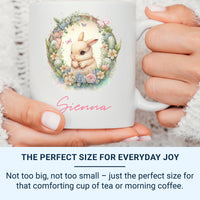 Personalised Easter Name Mug – Bunny with Floral Wreath, Eggs and Butterflies – Kids’ Spring Basket and Egg Hunt Gift