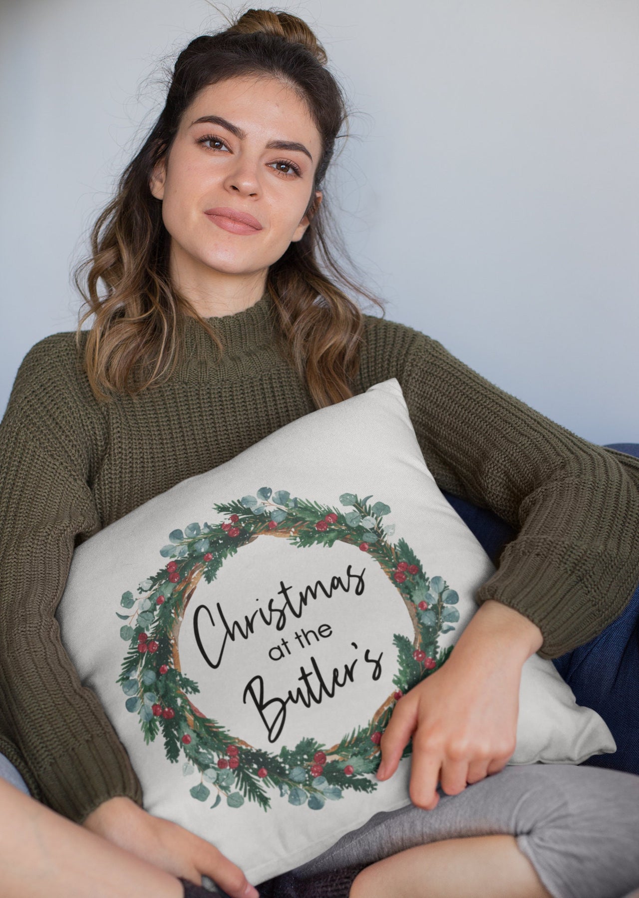 Personalised Christmas Cushion Cover - Xmas Wreath Decoration  Gift