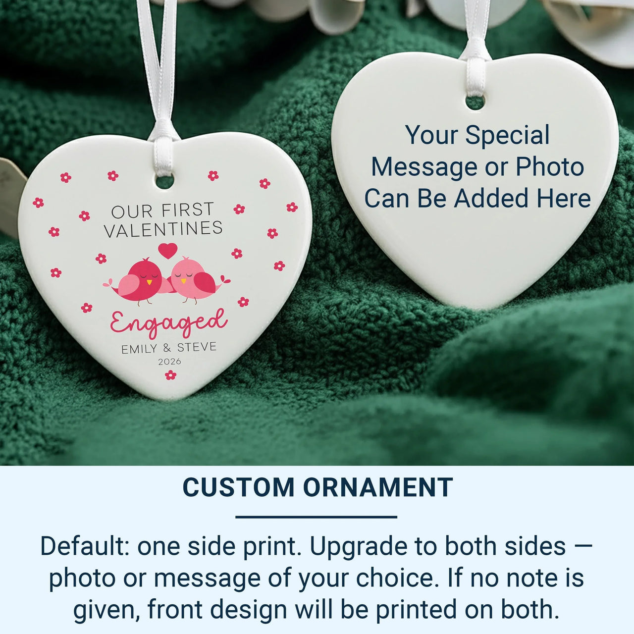 First Valentine Engaged Ornament - Pink Lovebirds Heart with Names 2026
