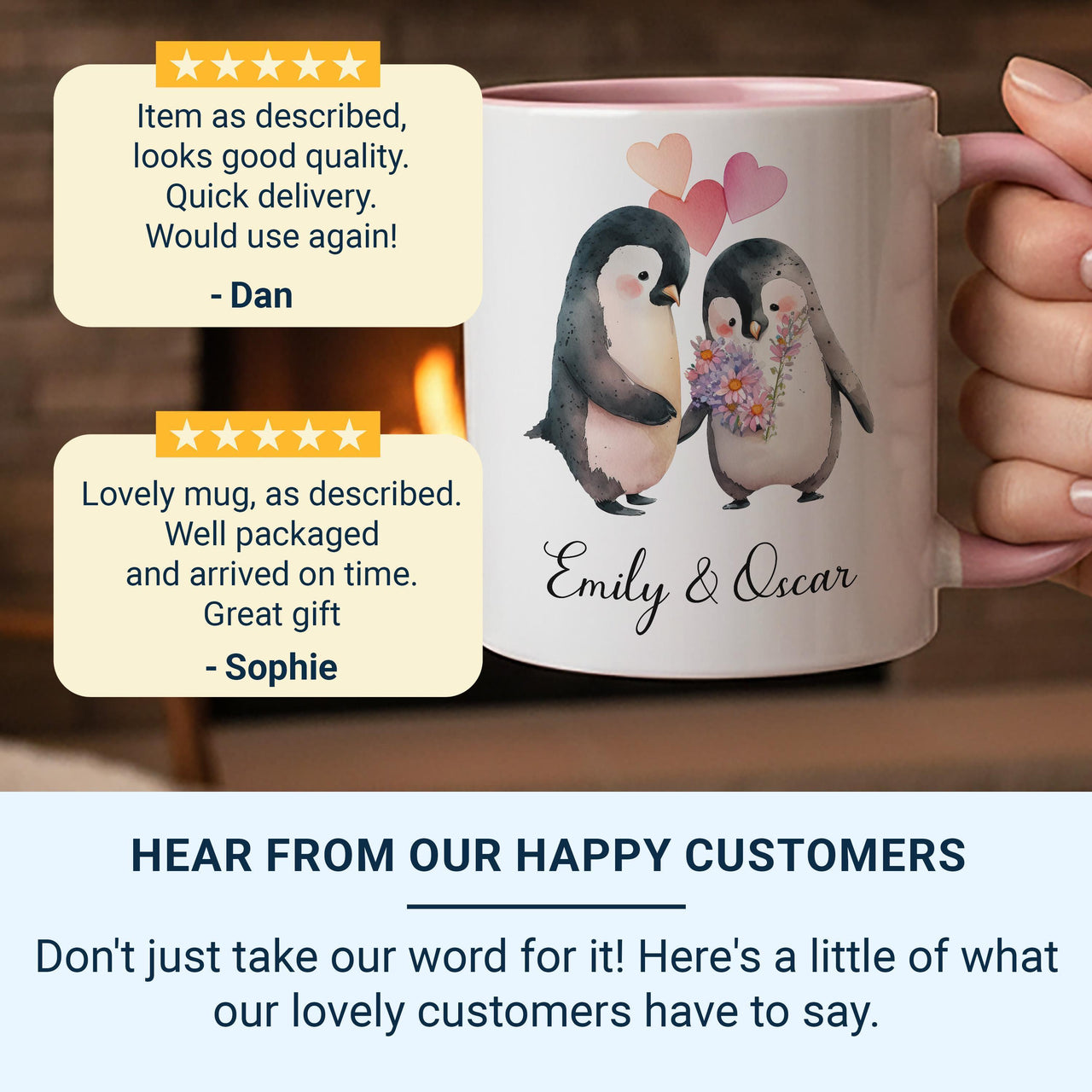 Personalised Couple Names Penguin Mug – Bouquet and Hearts – Romantic Anniversary, Engagement and Valentine Gift