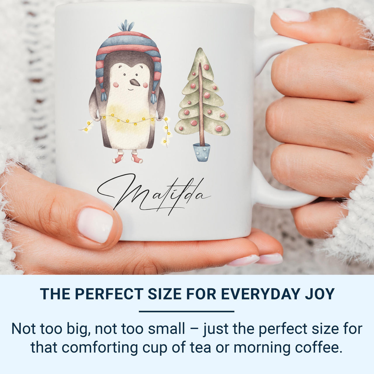 Personalised Christmas Penguin Mug – Name with Fairy Lights and Tree – Kids’ Festive Cocoa Cup and Stocking Filler