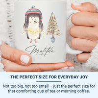 Personalised Christmas Penguin Mug – Name with Fairy Lights and Tree – Kids’ Festive Cocoa Cup and Stocking Filler