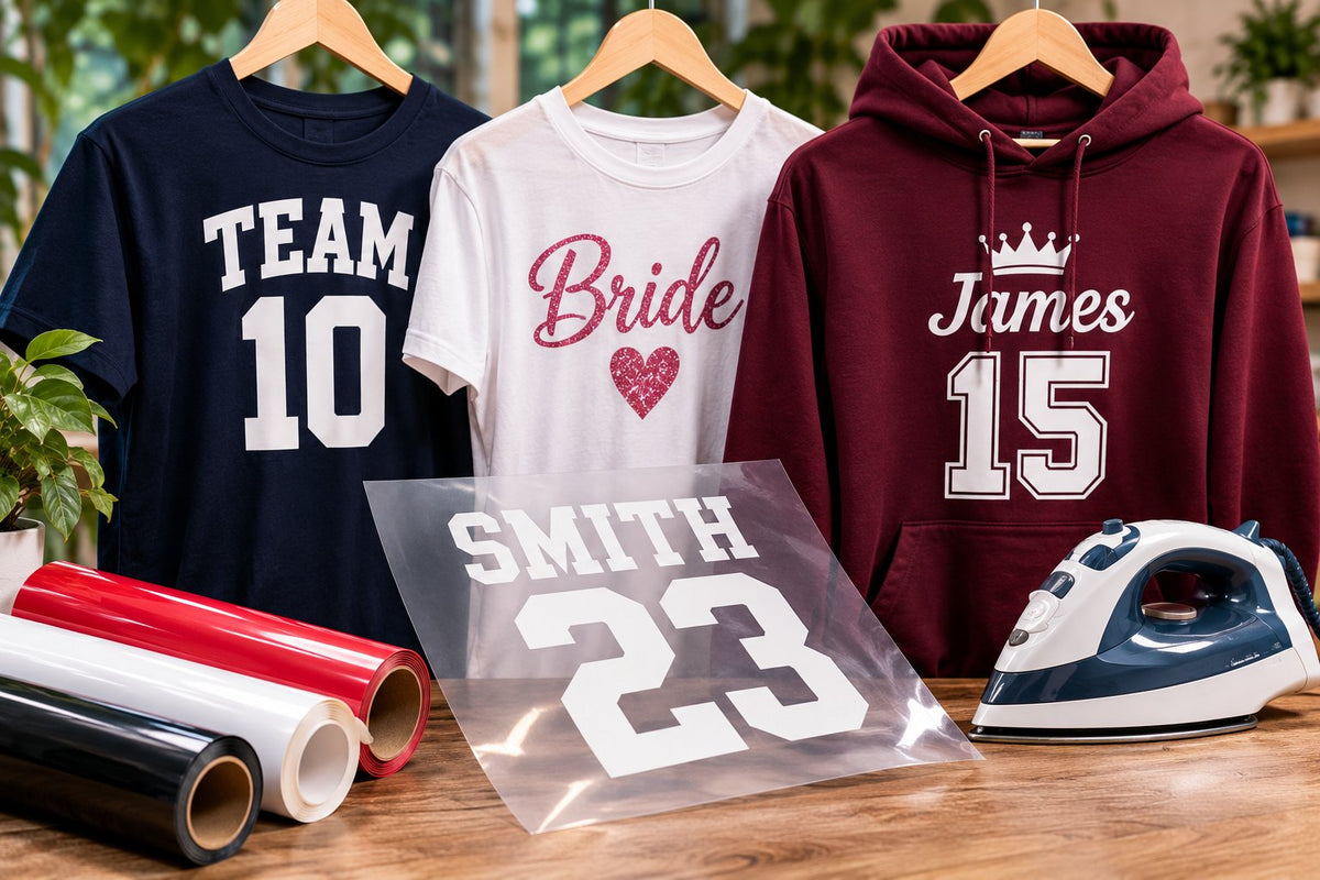 Personalised iron-on transfers on a navy T-shirt, a white T-shirt and a burgundy hoodie, with vinyl rolls and a household iron