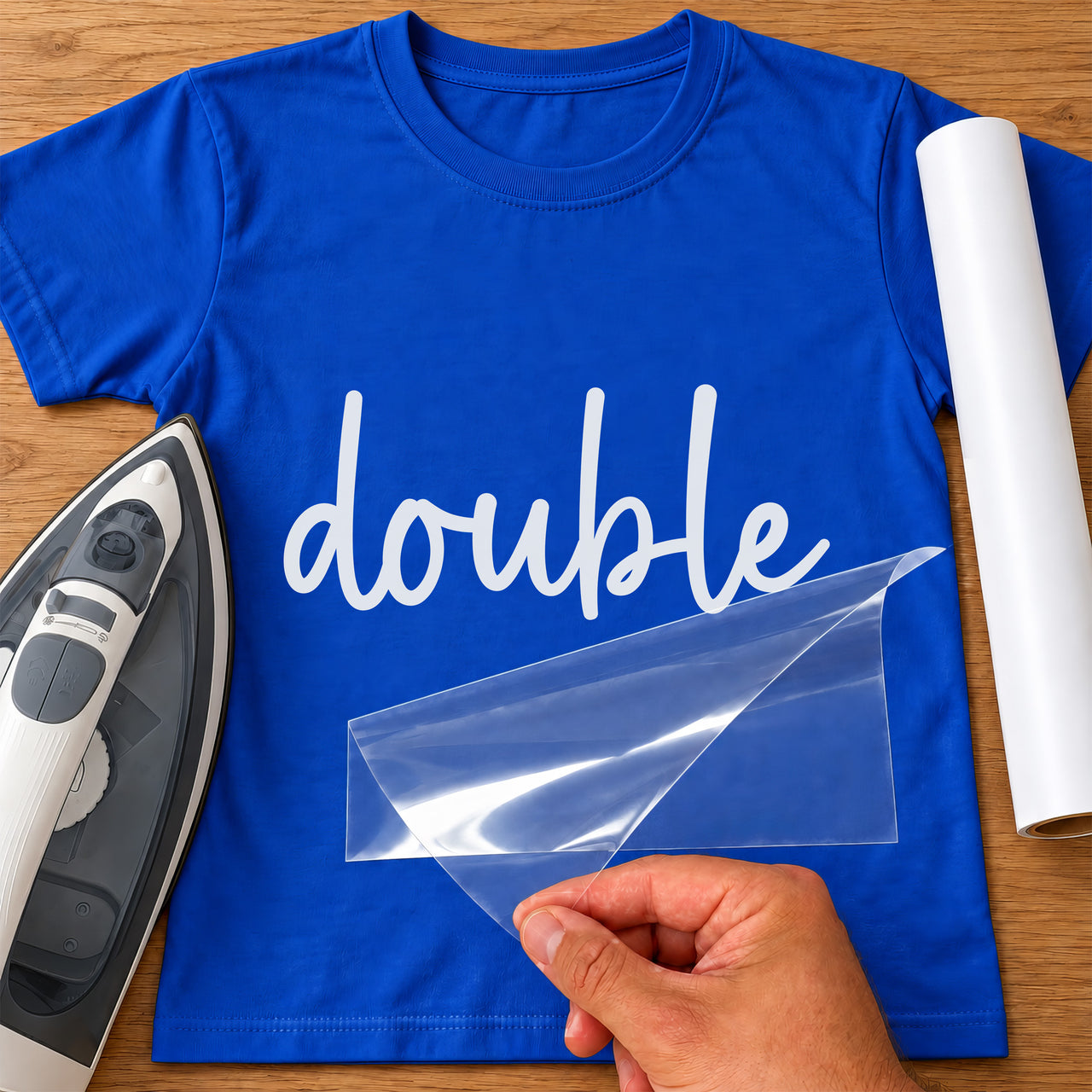 Blue T-shirt with white 'double' iron-on transfer in script letters, iron and white vinyl roll
