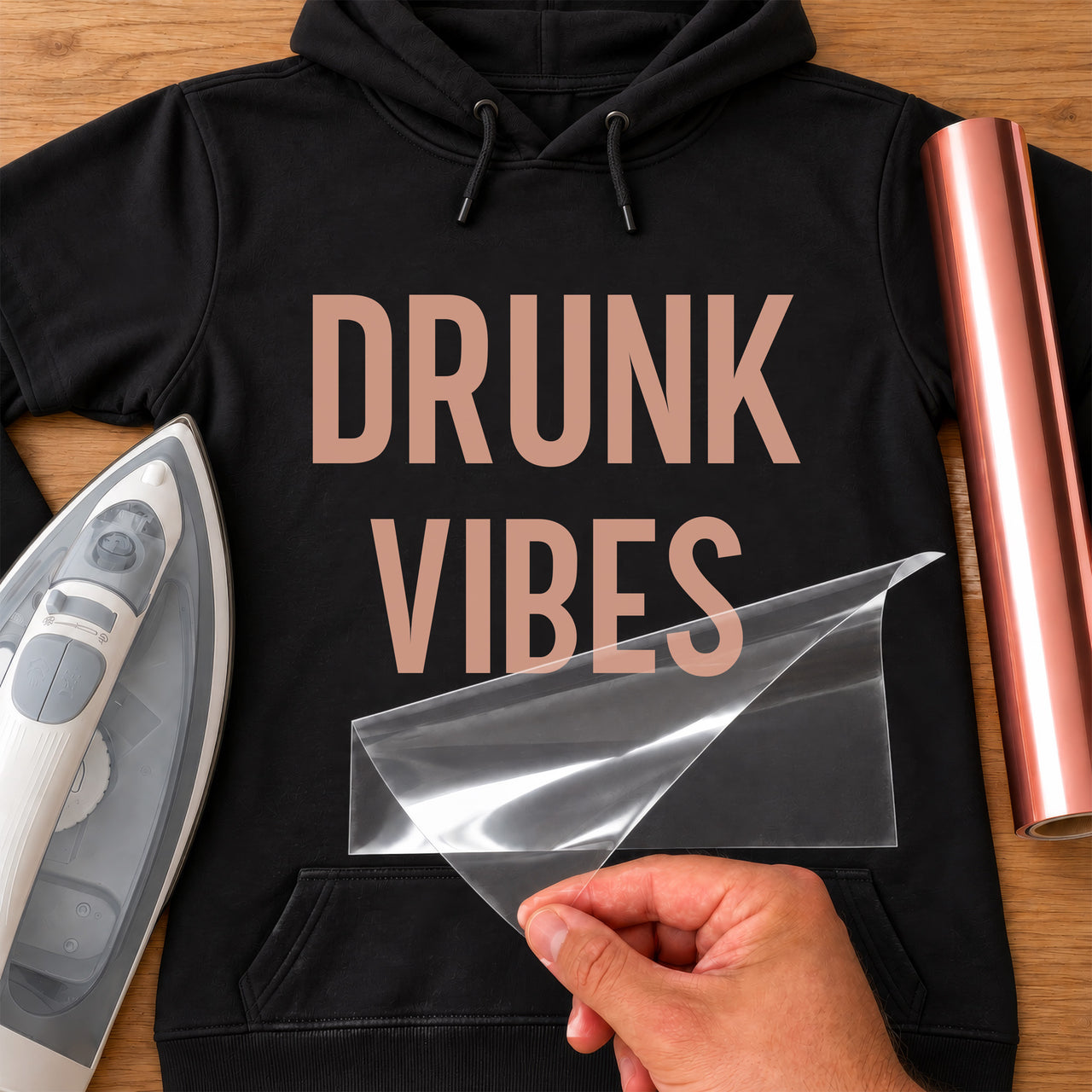 Black hoodie with 'DRUNK VIBES' in rose gold vinyl, iron and vinyl roll beside, iron-on transfer