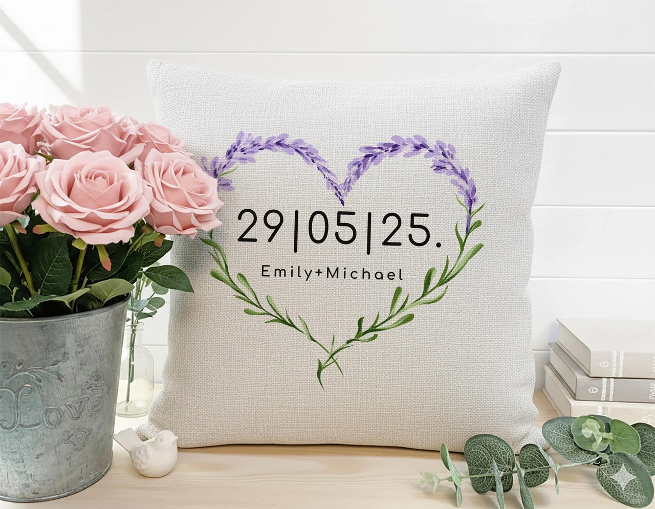 Personalised Lavender Cushion – Floral Heart Pillow Cover With Custom Name & Date Keepsake