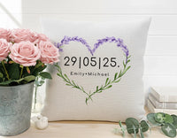 Personalised Lavender Cushion – Floral Heart Pillow Cover With Custom Name & Date Keepsake
