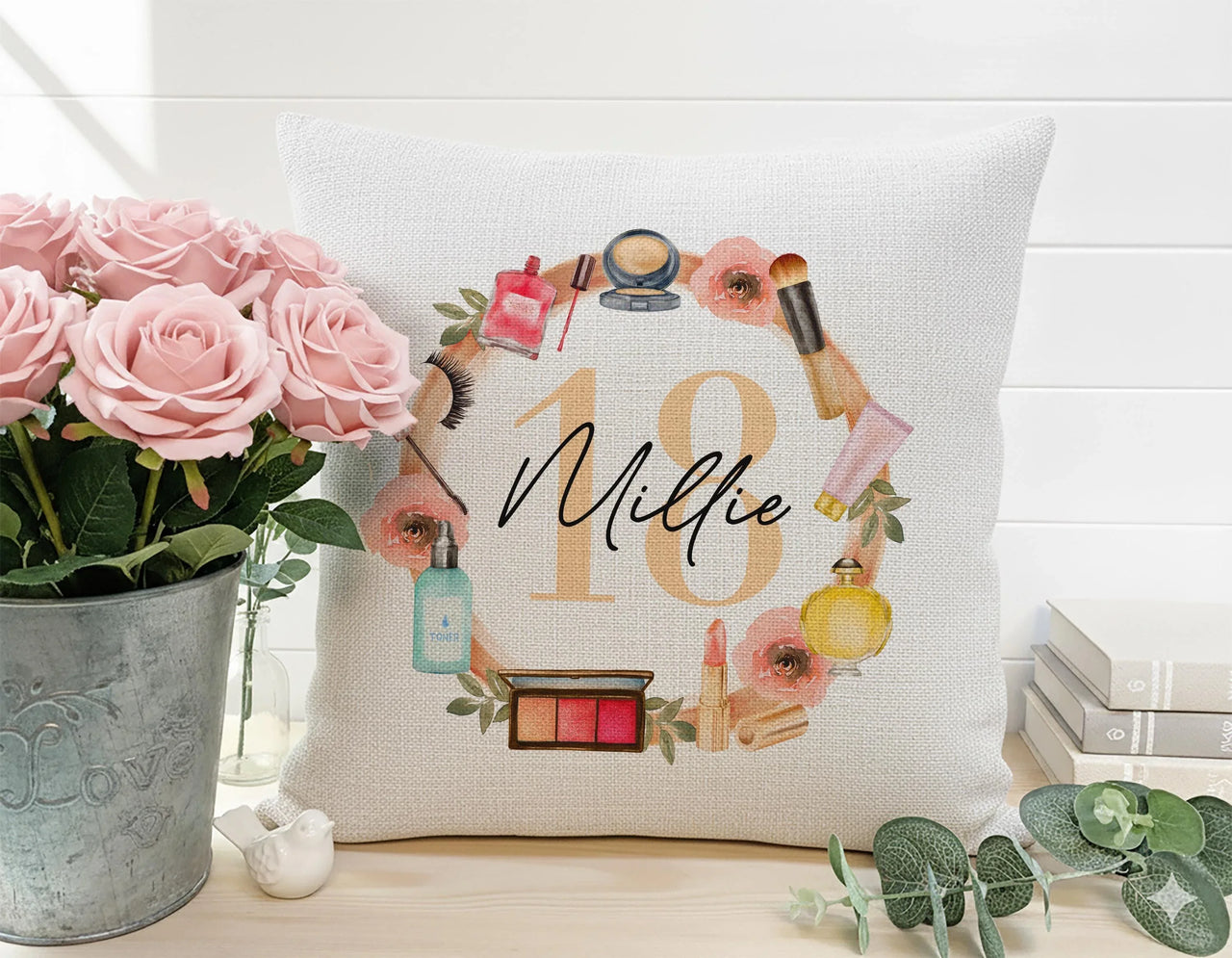 Personalised 18th Birthday Cushion – Custom Name Pillow With Vibrant Makeup Design