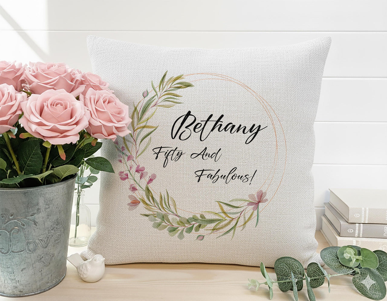 Personalised 50th Birthday Cushion with Floral Wreath - “Fifty and Fabulous” Name Keepsake for Her