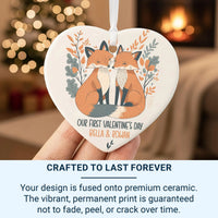 Valentine Foxes Heart Ornament - First Valentine Keepsake with Leafy Frame & Names