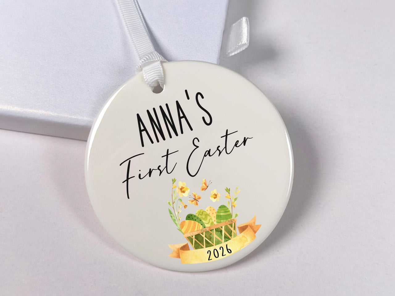 Baby First Easter Ornament 2026 - Basket & Butterfly Keepsake with Name