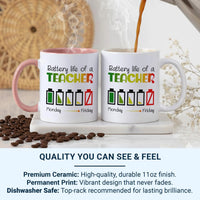 Funny Teacher Mug – Battery Life Monday to Friday | Teacher Appreciation Gift
